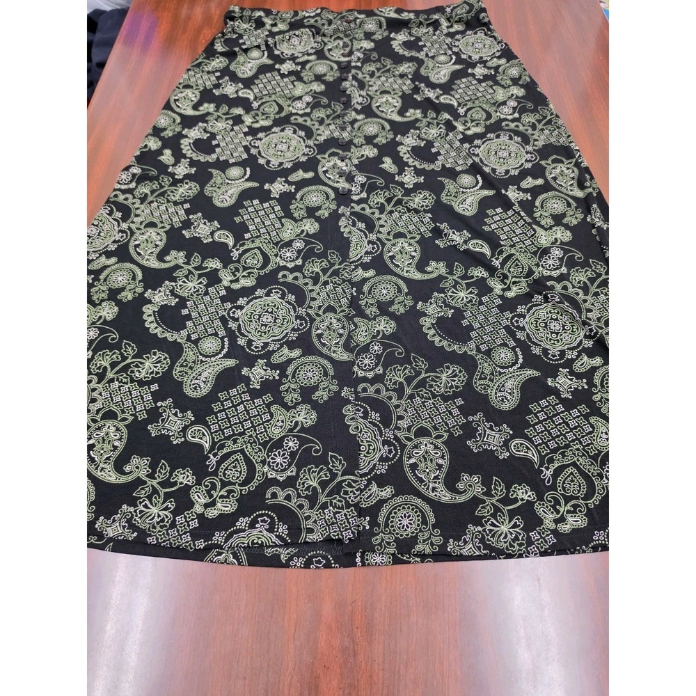 JM Collection Womens XL Black Green Paisley A-Line Skirt Pull On Stretch Midi